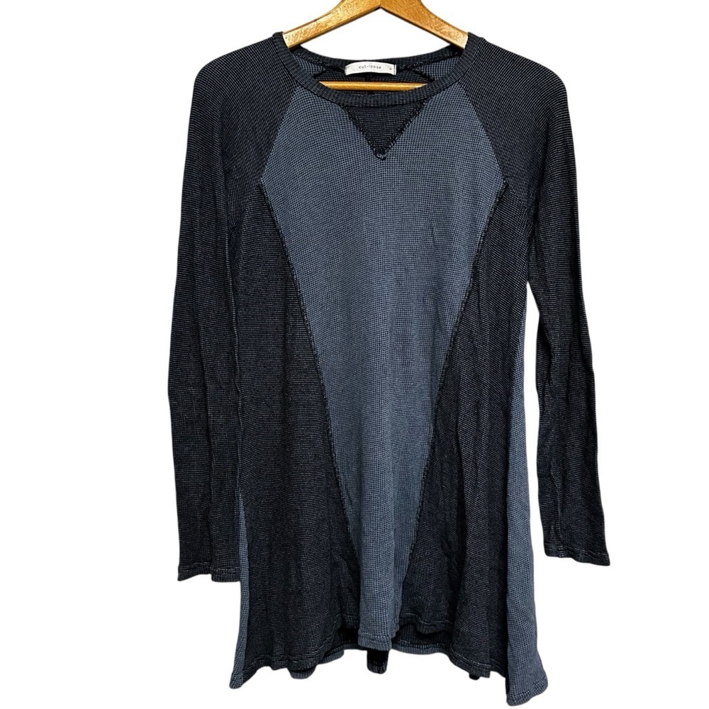Cut Loose Blue Color Block Lagenlook Tunic Waffle Knit Size Small Hi Low Hem
